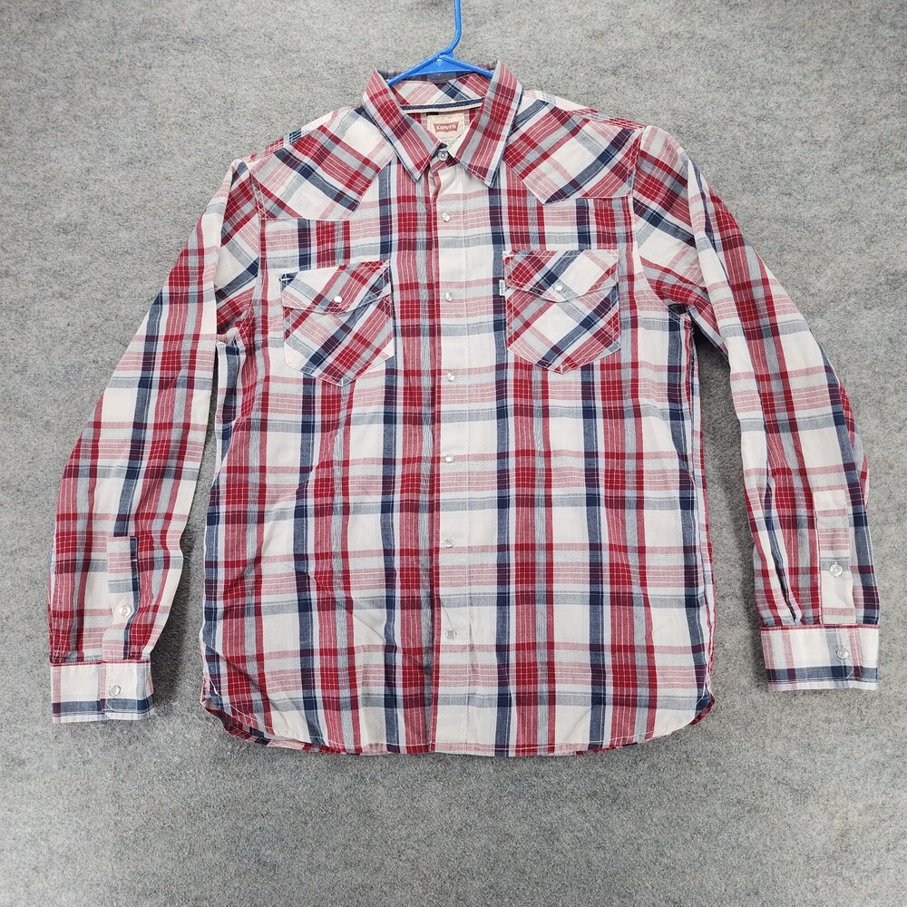 Levis Shirt Mens Large Pearl Snap Long Sleeve Red Plaid